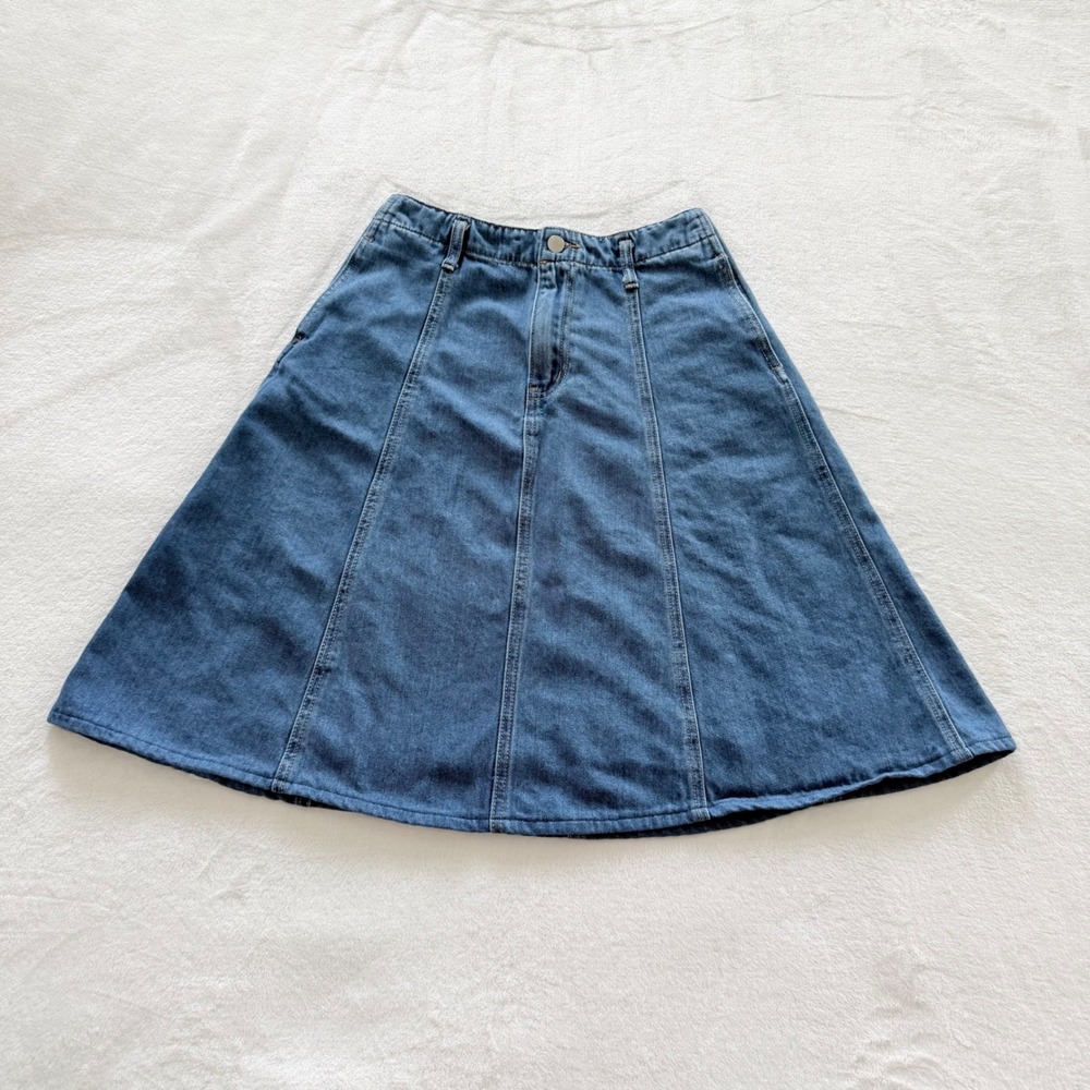 Urban Revivo Denim tA-Line Skirt Women Size 6 Blue Seamed High Waist Midi Flare